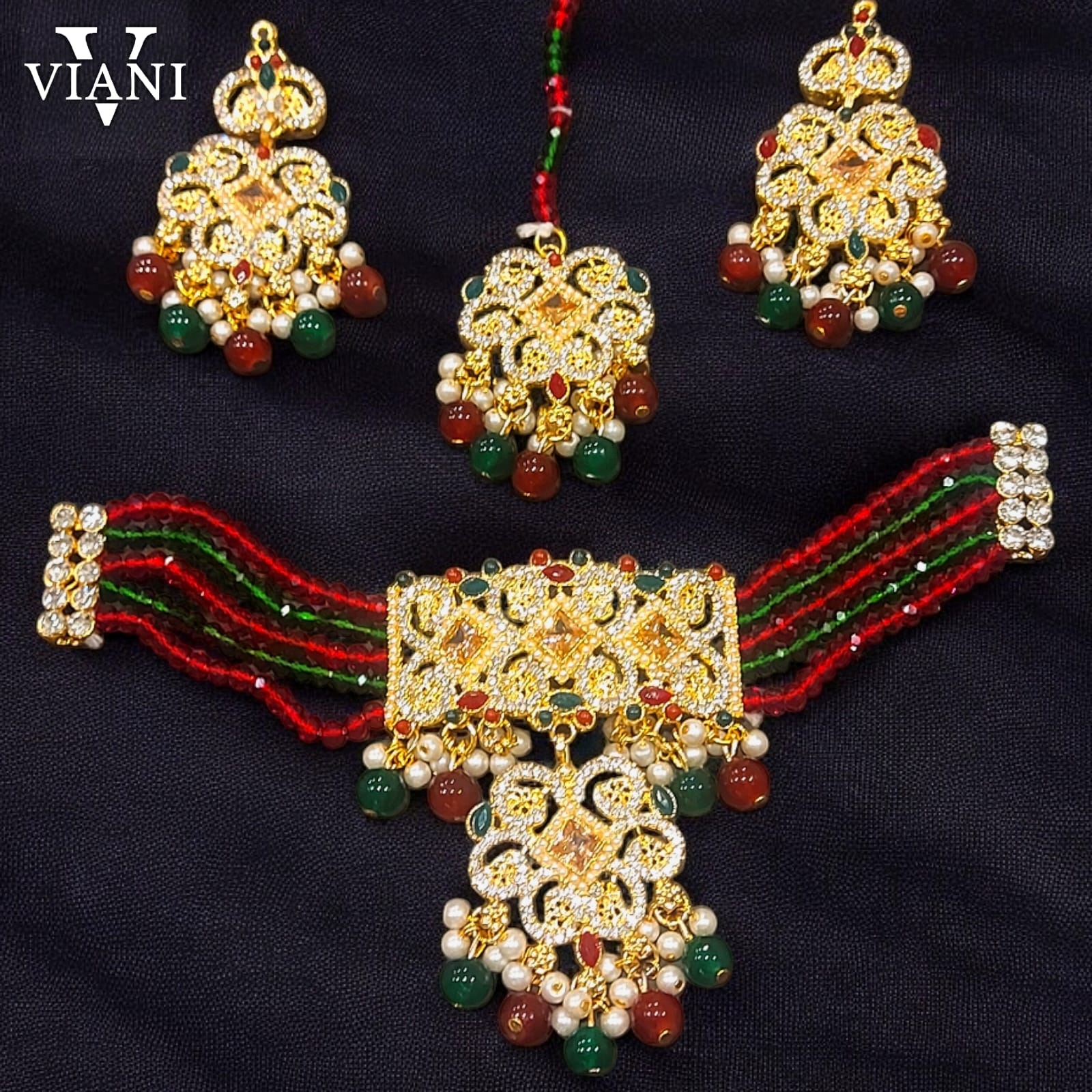 Mehrbano – Red & Green Kundan Beaded Bridal Set